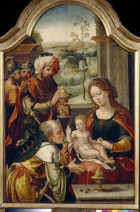 Tilbedelsen af ​​mages (tilbedelse af Magi). Maling af Pieter Coecke Van Aelst den gamle (1502-1555), olie på træ, første halvdel af det 16. århundrede. Primitiv flamsk kunst. State Art Gallery, Lviv (Ukraine).