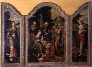 Triptykon, der skildrer tilbedelsen af magi og to helgener (olie på panel) af Pieter Coecke van Aelst