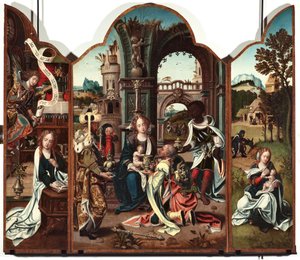 Triptykon over magiernes tilbedelse Venstre panel: Bebudelse - Højre panel: Bebudelse, til venstre og Flight into Egypt til højre Maleri af Pieter Coeck van Aelst (1502-1550) Genes Musei di Strada Nuova fra det 16. århundrede (ex Palazzo Bianco) inv n PB af Pieter Coecke van Aelst