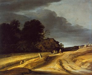 Landskab med markvej og bondegård af Pieter Dircksz Santvoort