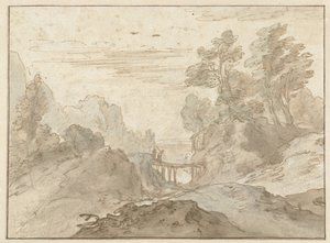 Bjerglandskab med to figurer på en smal bro af Pieter Dircksz van Santvoort (possibly)