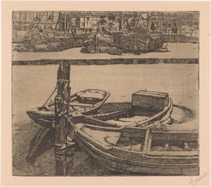 Skibe i Damrak i Amsterdam af Pieter Dupont (signed by artist)