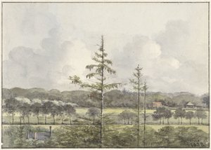 Udsigt over enge med gårde af Pieter Ernst Hendrik Praetorius