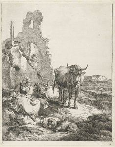 Landskab med stående og liggende ko og hyrdinde foran en ruin af Pieter Gerardus van Os