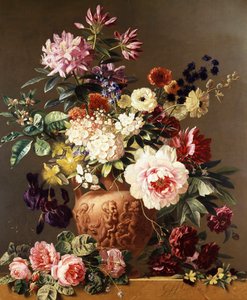 Stilleben med sommerblomster. Roser, pæoner, anemoner, iris. Maleri af Georgius Jacobus Johannes Os (1782-1861) Privat samling. af Pieter Gerardus van Os