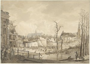 Ruiner på nordsiden af ​​Steenschuur efter Krudtkatastrofen i Leiden, 12. januar 1807