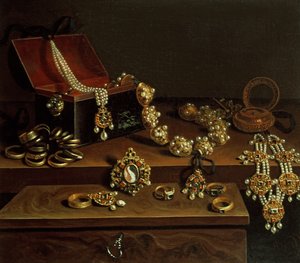 Skrin med juveler på et bord, hovedsagelig af tysk oprindelse (1600-50)
