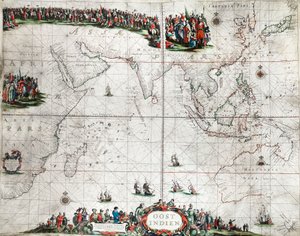 Kort over Ostindien, ca. 1666 (koloreret stik) af Pieter Goos