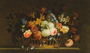 Stilleben af blomster i en kurv på en stenafsats