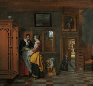 Interiør med kvinder ved siden af en linnedkiste, 1663