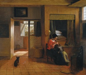 Interiør med en mor, der afluser sit barns hår En mors pligt, 1659-1660