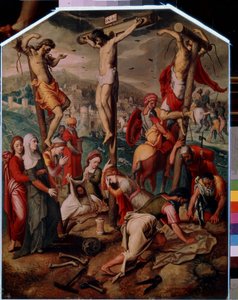 Golgata (Golgata). På Golgata bliver Jesus Kristus korsfæstet med de to andre dømt til døden. Han bærer INRI-tegnet (I.N.R.I.) på korset. Ved foden sørger den hellige Maria Magdalene over Jesu død, hendes flaske vælter på jorden. Sankt Veronica af Pieter I Pietersz