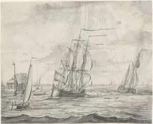Indre vandveje med skibe, i det fjerne en by af Pieter Idserts
