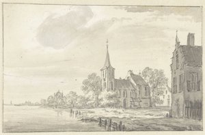 Landsbykirke og huse ved en flod