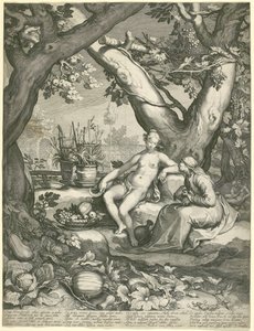 Vertumnus låner figuren af en gammel kvinde for at vinde Pomonas kærlighed, 1605 (gravering på lagt papir) af Pieter Janszoon Saenredam