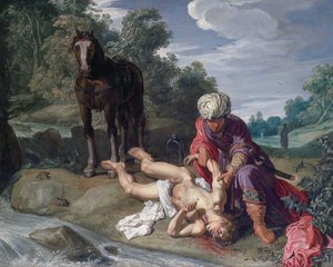 Den barmhjertige samaritaner plejer den rejsendes sår (Luk 10,25-37) af Pieter Lastman