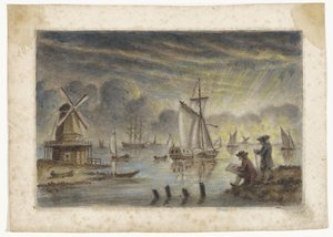 Kystudsigt med skibe, mølle og en tegner af Pieter Louw (attributed to)