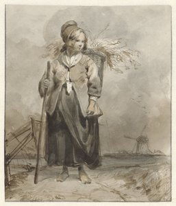 Stående kvinde med stok og kurv på ryggen af Pieter Marinus van de Laar (attributed to)