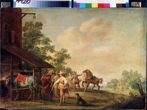 Forge (A Forge). En beslagsmed (hovslager) sætter en hestesko på. Maleri af Pieter Meulenaer (Peter eller Pierre