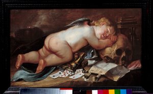 Elsker at sove på en døds hoved. Maleri (Vanite) af Pieter Moninckx (1606 - 1686) Ec. Flam. af Pieter Moninckx