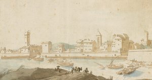 Udsigt over Civitavecchia med havnemuren af Pieter Moninckx