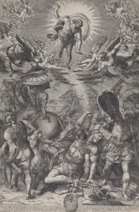Sauls omvendelse, som ligger på jorden omgivet af heste og soldater som Kristus..., 1583