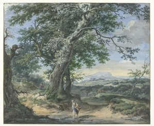 Bakket landskab med tunge træer og menneskestøv af Pieter Pietersz. Barbiers