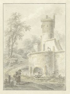 Landskab med lystfisker og kvinde, der går ved et fæstningstårn af Pieter Pietersz. Barbiers