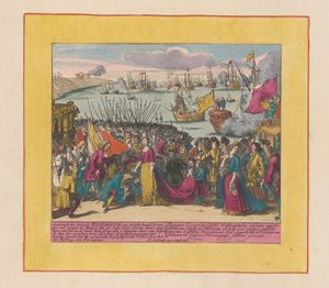 Ankomst af prinsesse Elisabeth Christine af Wolfenbüttel til Mutaro, 1708 Ankomst af prinsesse Elizabeth af Wolfenbuttel, dronning af Spanien (...) (titel på objektet) Krigens teater, begyndelsen af ​​kong Charles II. Indtil kong Karel de I af Pieter Schenk (I)