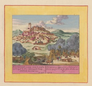 Belejring af Albuquerque, 1705 Alberquerque, i Spanien, på grænsen til Portugal ved Elvas, underkaster sig kong Carel III, den 10. juni 1705 (titel på objektet) Krigens teater, begyndelsen af ​​kong Charles II. Vi ses på Kong Kar af Pieter Schenk (I)