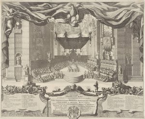 Udsigt i de Sint-Pietersbasiliek Et teater, der repræsenterer de forbrydelser, der finder sted i Sankt Peters tempel i byen Rom (titel på objektet) af Pieter Schenk (I)