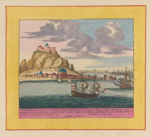 Erobring af Gibraltar af en engelsk-hollandsk flåde, 1704 Gibraltar erobret af Pr. van Hessen Darmstadt, med den ilandsatte milits af Eng : en Holl : under Adm : Rooke og Callenberg den 4. aug : 1704 (...) (titel på objekt) Teater