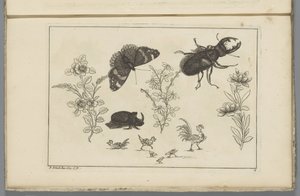Tre blomstergrene med næsehornsbille, sommerfugl og tor Kinesiske blomster og insekter (serietitel)