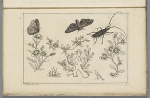 Tre blomstergrene med fugle, sommerfugle og et insekt Kinesiske blomster og insekter (serietitel)
