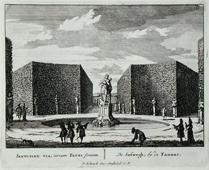 Sekskantet hæk ved en faunfontæne, fra "Admirandorum Quadruplex Spectaculum", af Jan van Call (1656-1703), udgivet før 1715 (stik) af Pieter Schenk