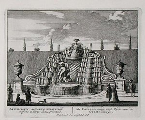Kaskaden i en orientalsk have, fra "Admirandorum Quadruplex Spectaculum", af Jan van Call (1656-1703), udgivet før 1715 (stik)
