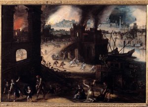 The Destruction of Troy Maleri af Pieter Schoubroeck (1570-1607) 1600-tallets Besancon. Museum for Skønne Kunster