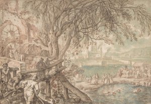 Jægere og kompagni observerer hunde hente ænder i en dam April måned, c1610-20. af Pieter Stevens