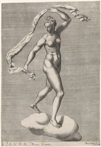 Diana som Luna på en sky Luna Noctis Domina (titel på objekt) De syv planeter (titel på objekt) af Pieter Valck