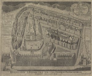 Se på het Sint-Elisabethbegijnhof en de Sint-Elisabethkerk te Gent Begginasium af St. Elizabeth under varetagelse af prædikanter i Gent fra år 1234 (titel på objekt) af Pieter Wauters