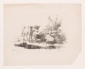 To køer ved et hegn og en pil af Pieter de Goeje