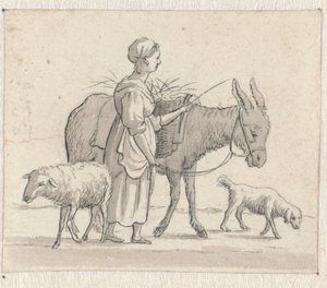 Kvinde med æsel, får og hund