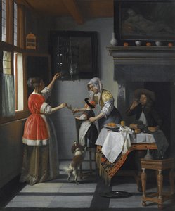 Interiør med et barn, der fodrer en papegøje af Hooch, Pieter, de af Pieter de Hooch