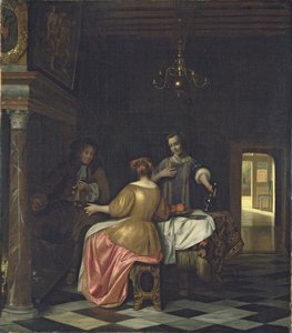 Interiør med en gentleman og to damer i samtale, ca. 1668-70 (olie på lærred) af Pieter de Hooch