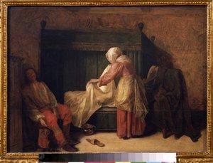 ""The Morning of a Young Man"" (The Morning of a Young Man) En ung mand forbereder sig på at vågne op, mens en stuepige laver sengen om. På gulvet en tøffel og en kammerpotte. Maleri af Pieter de Hooch (1629-1684) 1655-1657 Pushkin Museum, Moskva af Pieter de Hooch