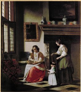 At lære at gå (olie på lærred) af Pieter de Hooch