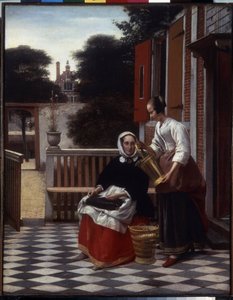 Fruen og hendes tjener. (En elskerinde og hendes tjenestepige). Husets elskerinde på terrassen beskæftiget med et arbejde med at sy ser på arbejdet udført af hendes tjener. Maleri af Pieter de Hooch (1629-1684)