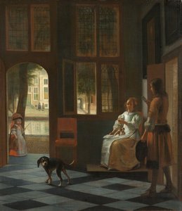 Mand, der rækker et brev til en kvinde i entréen til et hus, 1670