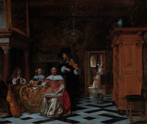 Portræt af en familie, der spiller musik af Pieter de Hooch