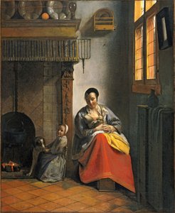 Kvinde, der ammer et spædbarn, med et barn og en hund af Pieter de Hooch